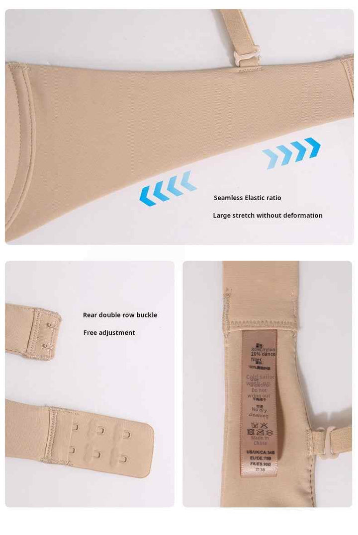 Soft supportive seamless bra in beige with adjustable double row back buckle and elastic stretch fabric