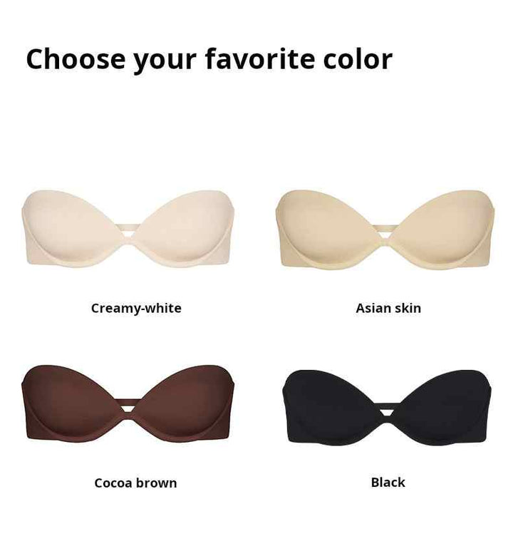 Four SKIMS Multi-Way Strapless Bras in creamy white, Asian skin, cocoa brown, and black colors displayed on a white background.