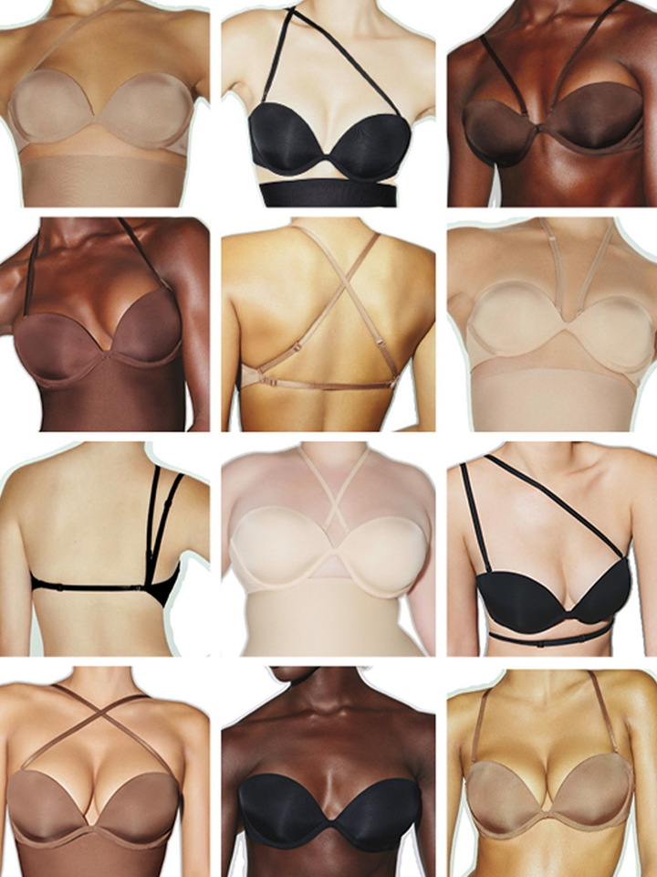 SKIMS Multi-Way Strapless Bra in various skin tones and styles showing versatile strap options for flexible, invisible support and elegant fit.