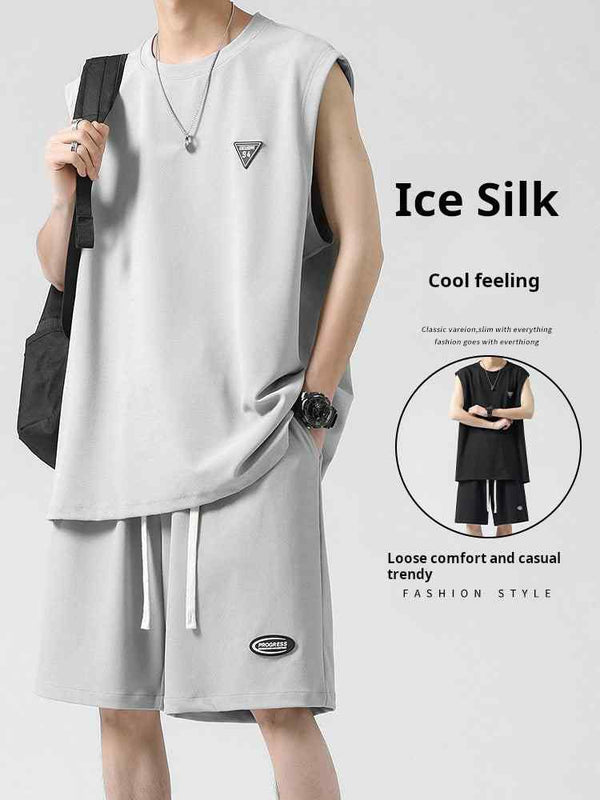 Men's summer sleeveless set in ice silk fabric with loose fit and adjustable shorts in light gray color
