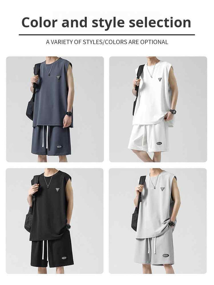 Men's summer sleeveless set made from breathable Ice Silk fabric in gray, white, black, and light gray colors, featuring a casual loose fit and adjustable drawstring shorts.