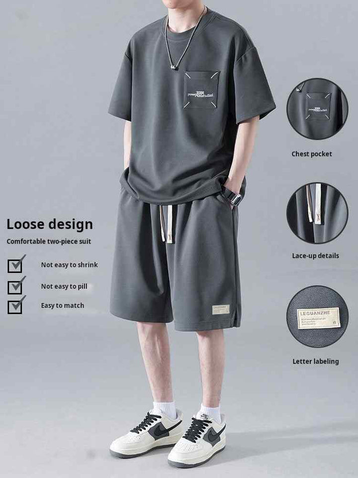 Men's Ice Silk loose two-piece set with wide T-shirt and practical lace-up shorts in dark gray