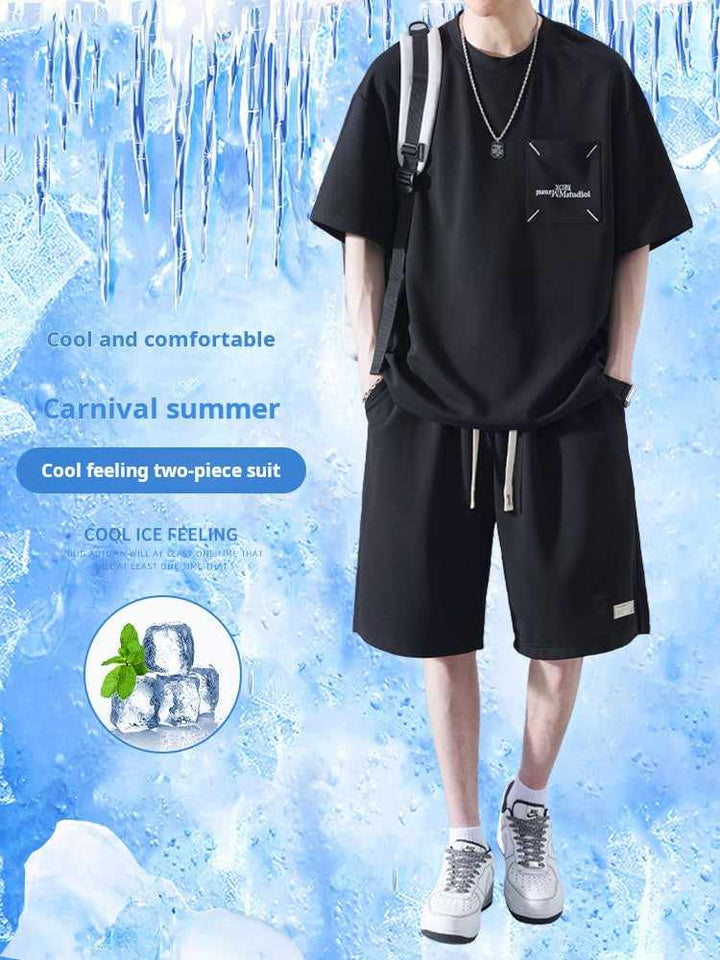 Men's Ice Silk loose fit T-shirt and shorts set in black for cool summer comfort with front pocket and adjustable waistband