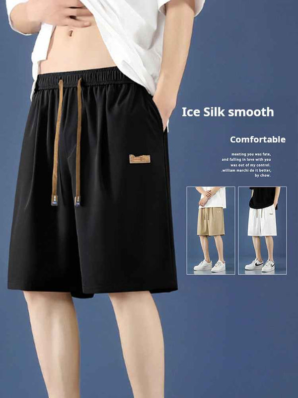 Men's black Ice Silk shorts with adjustable waistband, lightweight and breathable fabric for summer comfort