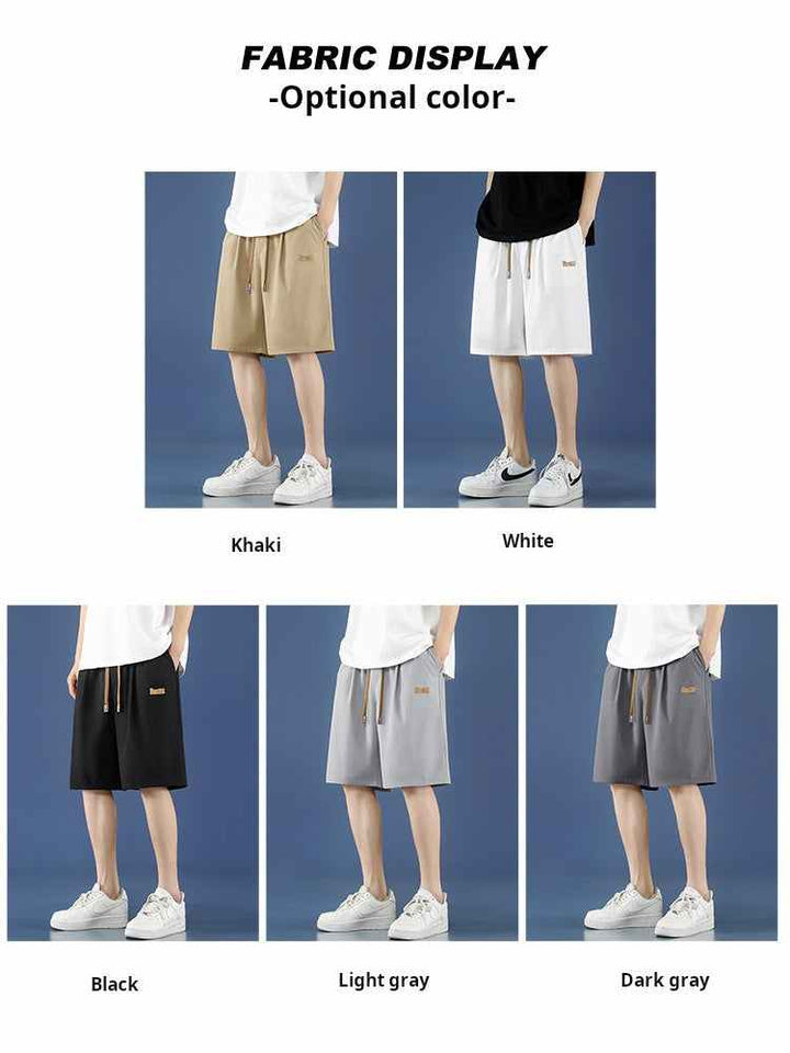Men's Ice Silk shorts in khaki, white, black, light gray, and dark gray colors with a comfortable, loose fit and adjustable waistband.