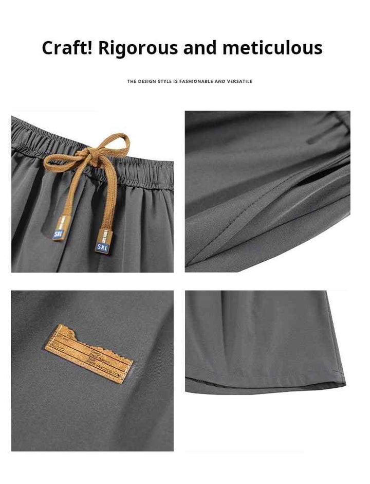 Men's Ice Silk shorts in dark gray with adjustable waistband and wrinkle-resistant fabric for comfortable summer wear