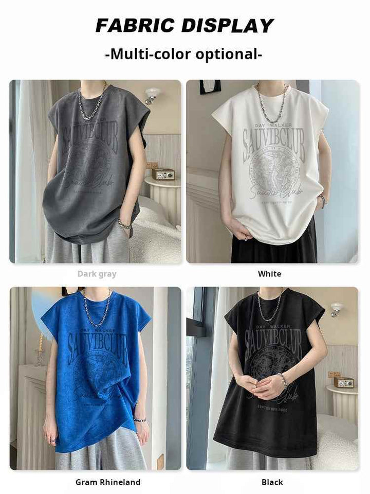 Sleeveless SAUVIBCLUB t-shirts in dark gray, white, blue, and black with modern graphic prints for casual and sporty style
