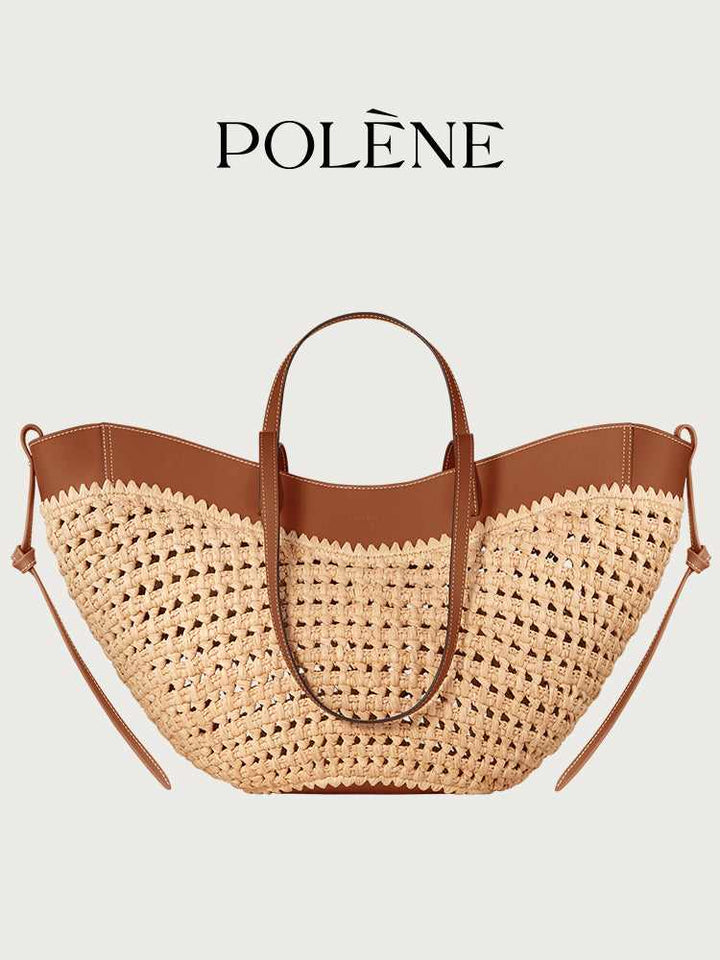 Polène Cyme raffia crochet handbag with cowhide leather details and adjustable shoulder strap