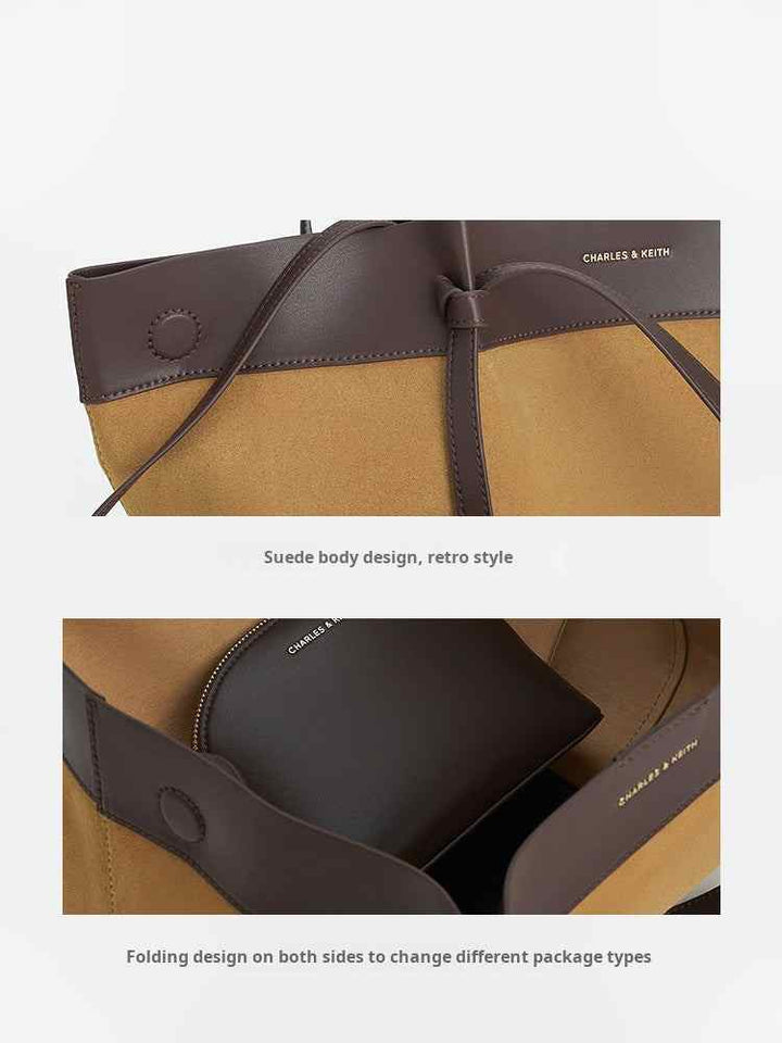 CHARLES &KEITH large tote bag with small inner pouch, two-tone suede and leather design, retro style, spacious and practical daily use handbag