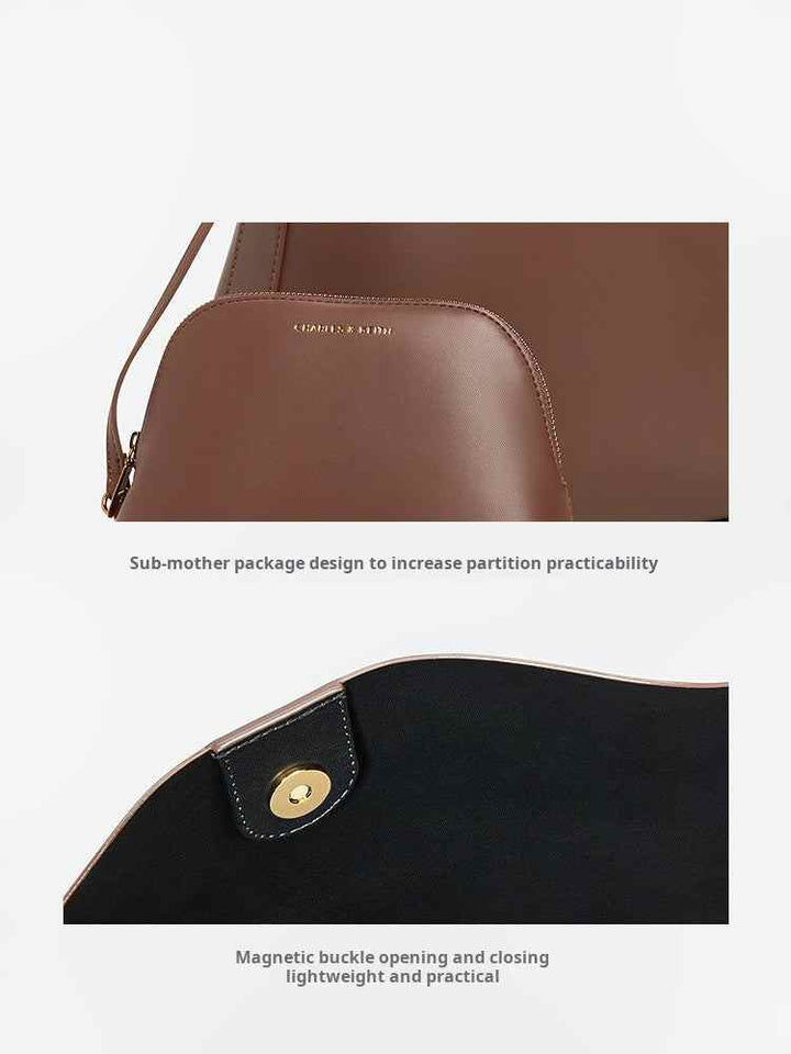 Brown CHARLES & KEITH shoulder bag with wide adjustable strap and magnetic buckle closure showing interior and small pouch details