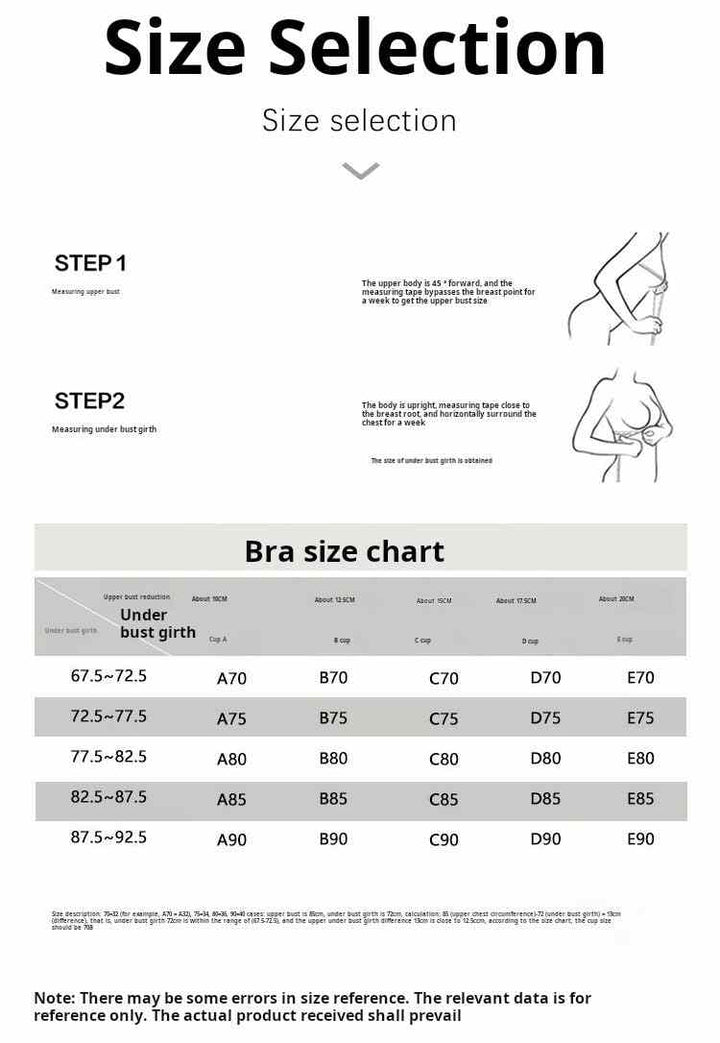 Size chart for SKIMS Kardashian Gathering Lingerie women's lace bra with measurements for under bust girth and corresponding cup sizes A70 to E90.