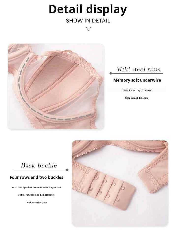 SKIMS Kardashian Gathering Women’s lingerie lace bra set with adjustable straps, mild steel underwire, four-row back buckle, breathable mesh wings, and soft transparent lace in beige pink.