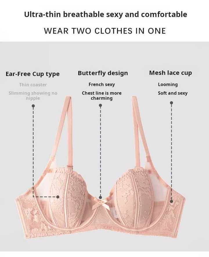 SKIMS Kardashian Gathering women's lingerie lace bra set in beige pink with butterfly design, breathable mesh cups, adjustable straps, and soft transparent lace for natural lift and comfort.