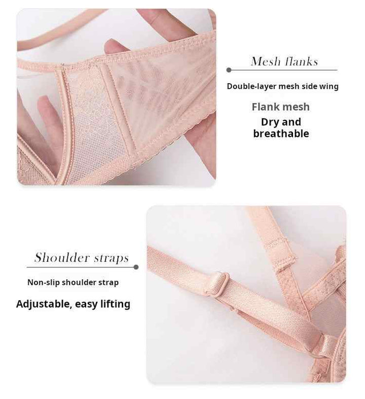 SKIMS Kardashian Gathering women's lingerie bra with double-layer breathable mesh side wings and adjustable non-slip shoulder straps in beige pink lace design