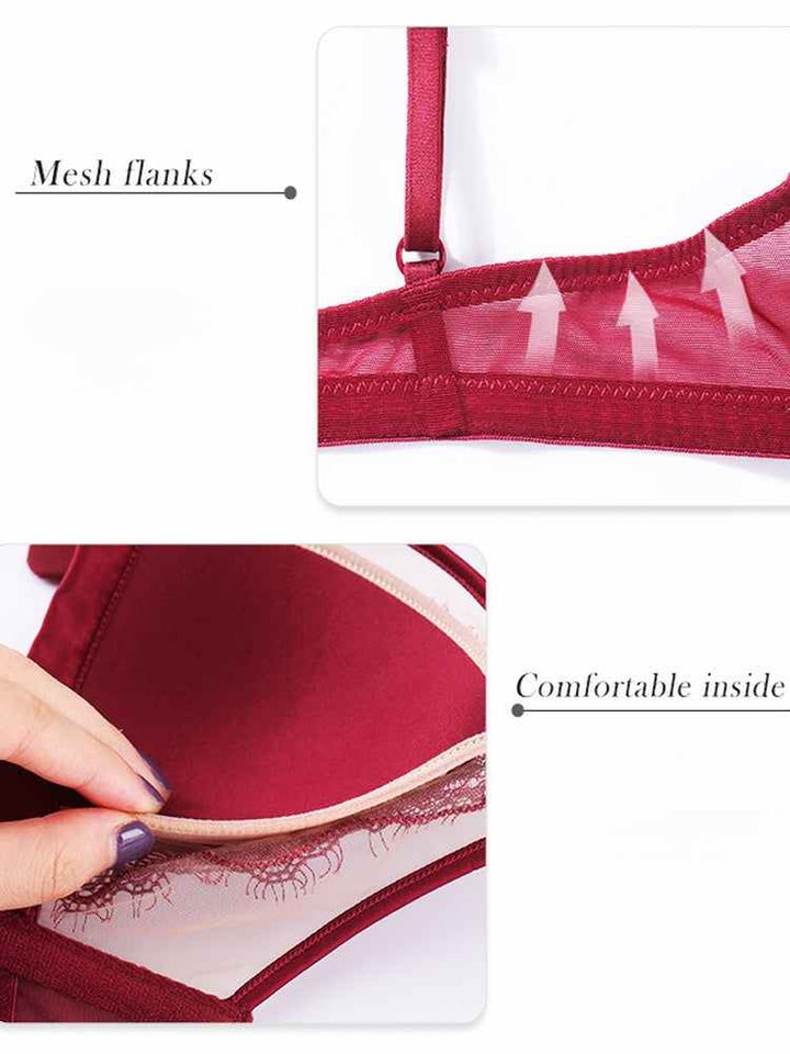 Kardashian SKIMS French lace lingerie bra in burgundy with mesh flanks and comfortable padded inside