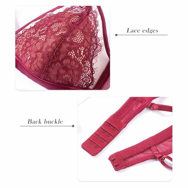 Kardashian SKIMS French lace lingerie bra in burgundy with lace edges and adjustable back buckle.
