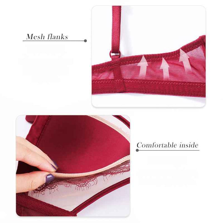 Kardashian SKIMS French lace lingerie bra in burgundy with mesh flanks and comfortable padded inside