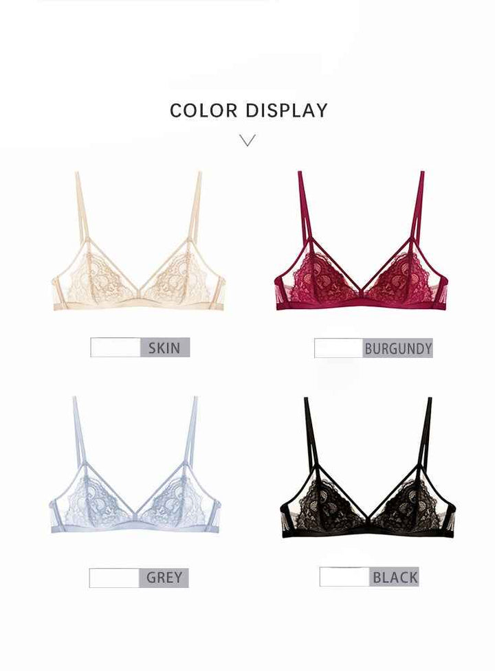 Kardashian SKIMS French lace lingerie bras in skin, burgundy, grey, and black colors with delicate embroidery and adjustable straps.