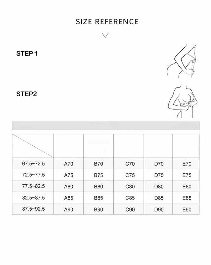 Kardashian SKIMS French lace lingerie bra size reference chart showing measurements from A70 to E90.