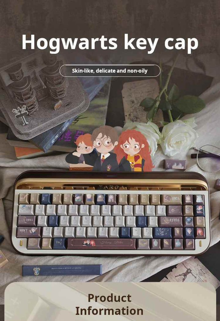 Harry Potter themed keyboard keycaps set with warm brown, cream, and dark blue colors featuring magical icons and characters, skin-like texture, oil-resistant finish.