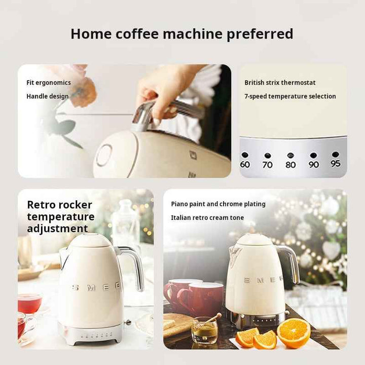 SMEG غلاية KLF04 Retro electric kettle in cream with 1.7L capacity, 7 temperature settings, ergonomic handle, stainless steel body, and automatic lid.