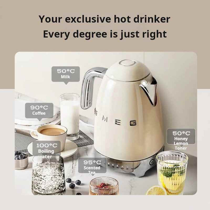 SMEG غلاية KLF04 Retro electric kettle in cream with temperature control for milk, coffee, tea, and boiling water.