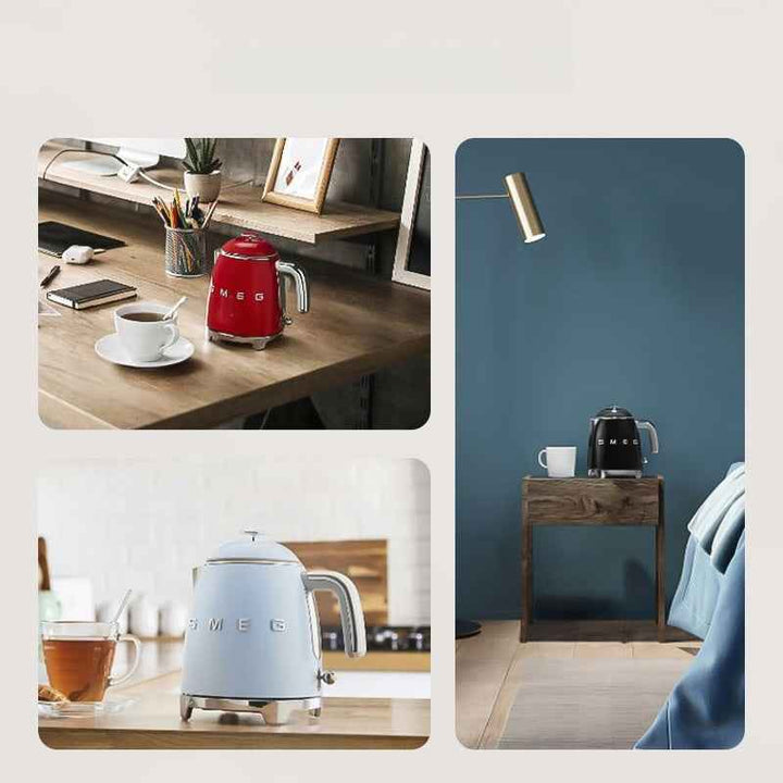 SMEG small electric kettle in red, black, and light blue, stylish Italian design with 0.8L capacity on kitchen and bedroom tables.