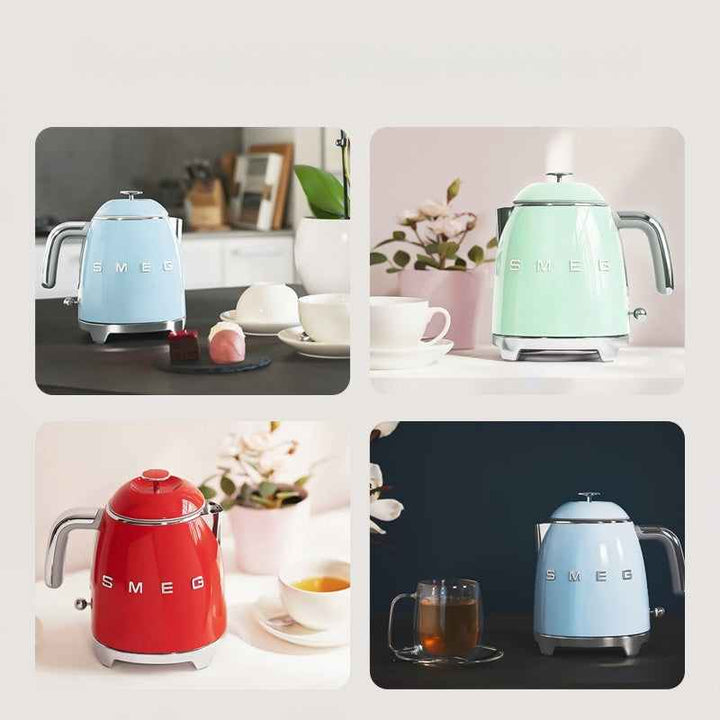 SMEG small 0.8L kettle in blue, light green, red, and pastel blue with Italian vintage design and stainless steel V-shaped spout.