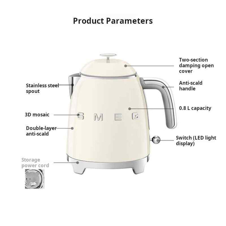 SMEG small electric kettle 0.8L with double-layer body, anti-scald handle, stainless steel spout, and power cord storage in ivory white color