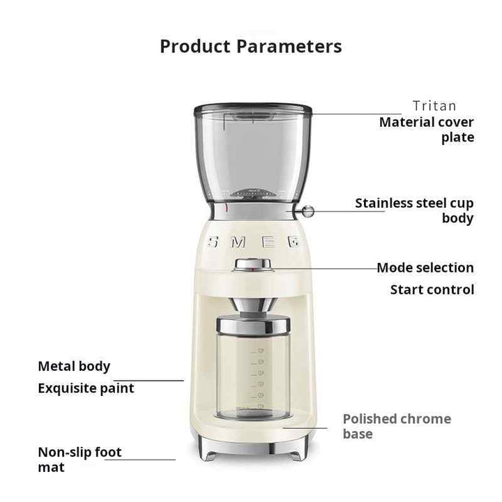 سميج SMEG coffee grinder with stainless steel burrs, Tritan transparent lid, metal body, non-slip feet, and adjustable grind settings.