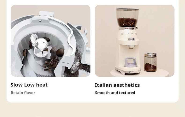 SMEG coffee grinder with stainless steel conical blades and adjustable 30 grind levels in elegant Italian design