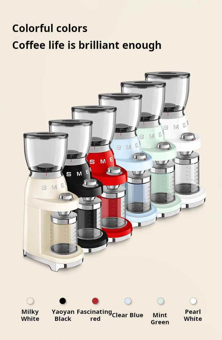 SMEG coffee grinder in multiple colors with stainless steel conical blades and adjustable grind levels for perfect coffee flavor
