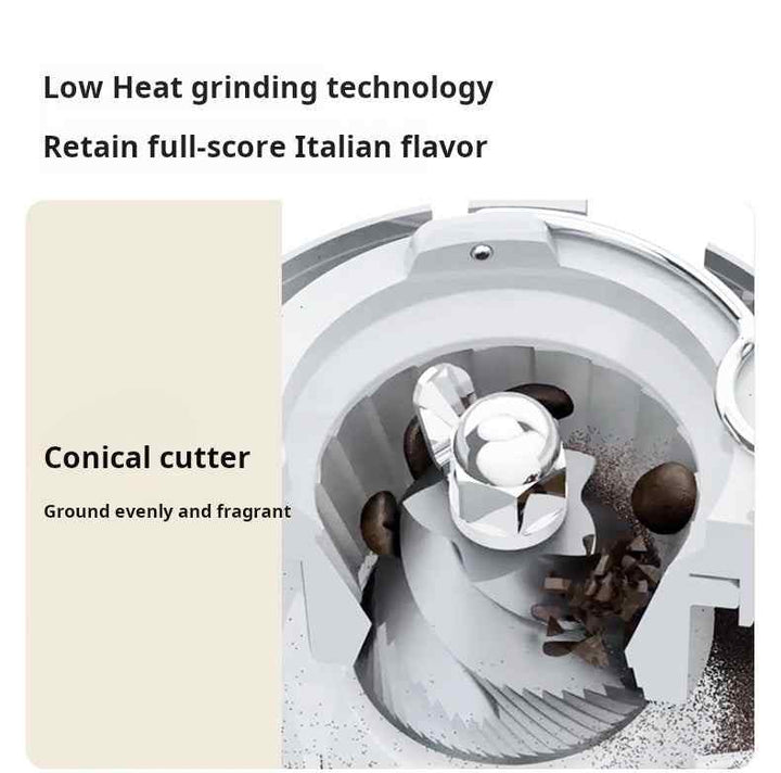 Close-up of SMEG coffee grinder with stainless steel conical cutter showing low heat grinding technology for even and fragrant coffee flavor retention.