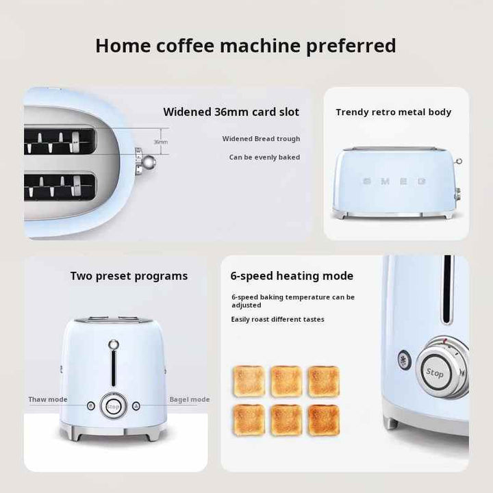 سميجSMEG TSF02 toaster in sky blue with retro metal body, 36mm wide slots, two preset programs, and 6-speed heating mode.
