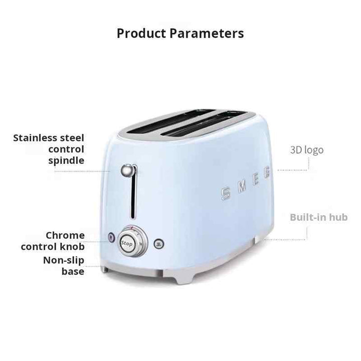 سميجBlue SMEG TSF02 toaster with stainless steel spindle, chrome control knob, non-slip base, and 3D logo design