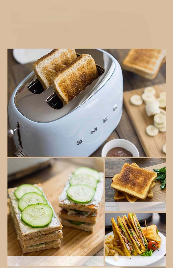SMEG TSF02 toaster with toasted bread slices, sandwiches with cucumbers, toasted bread squares, and a sandwich with fries on a wooden surface