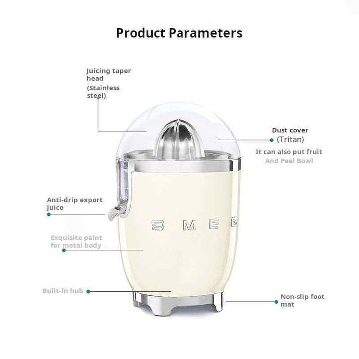 SMEG Smeagall CJF11 Italian citrus juicer with stainless steel head, Tritan dust cover, anti-drip spout, non-slip base, and elegant design