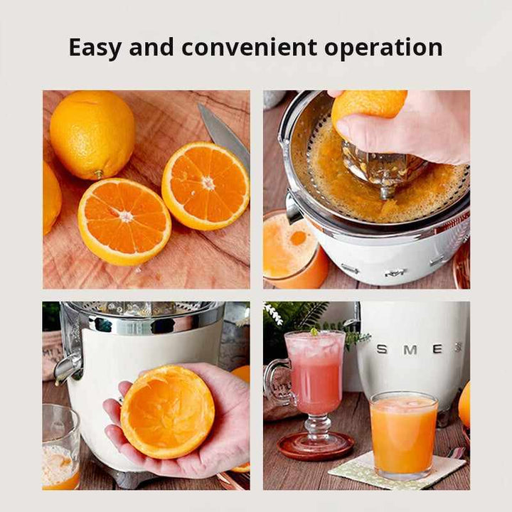 سميجSMEG Smeagall CJF11 Italian citrus juicer with stainless steel reamer, Tritan cover, drip-free design, and quiet operation making fresh juice.