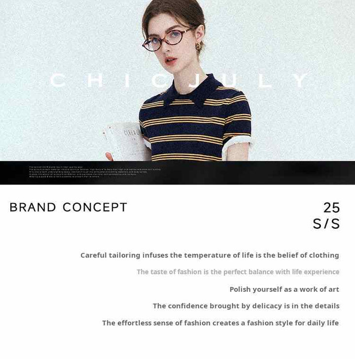 Elegant CHICJULY casual striped navy and yellow knit top for spring-summer 2025 with soft wool blend and classic collar.