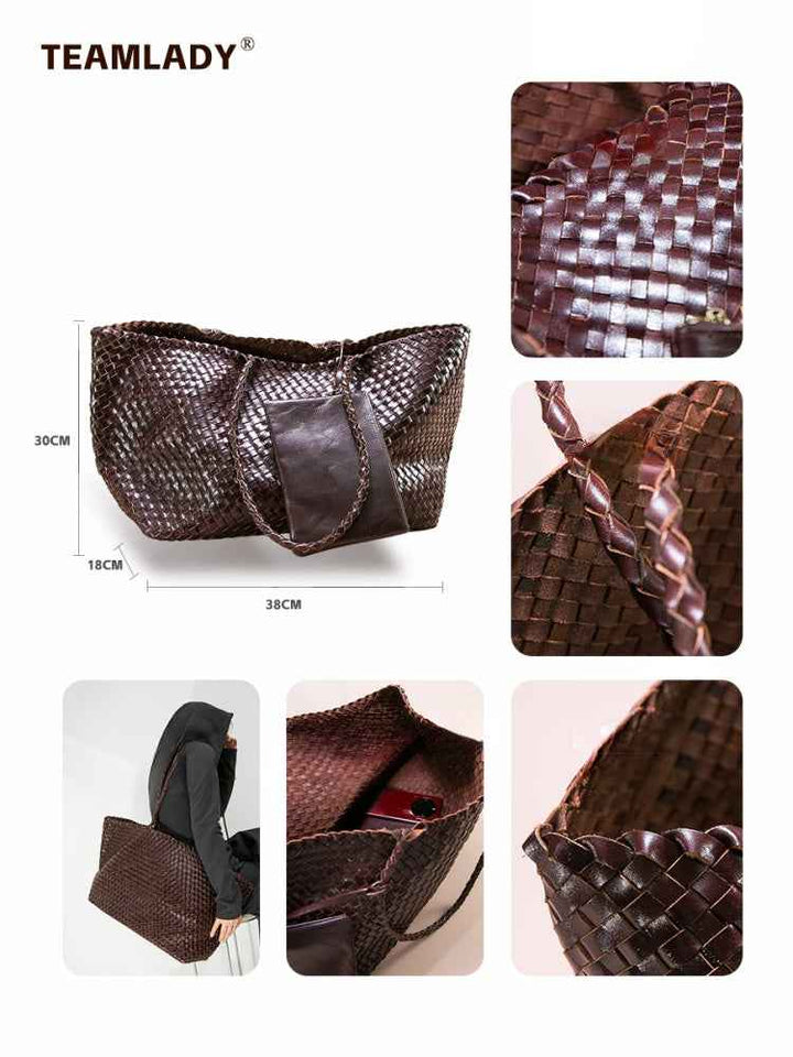 Large woven handmade brown leather tote bag with spacious interior and comfortable shoulder strap by TEAMLADY