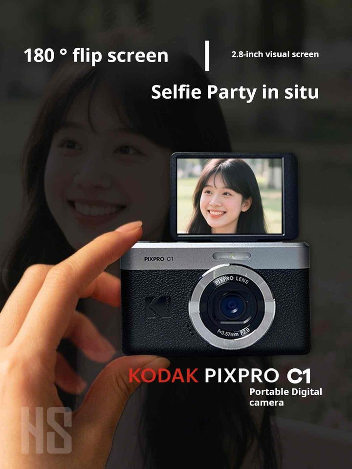 كاميرا Kodak PIXPRO C1 بتصميم كلاسيكي مع شاشة 2.8 بوصة قابلة للدوران 180° وخفة وزن 115 جرام لصور سيلفي وفيديو عالي الجودة.