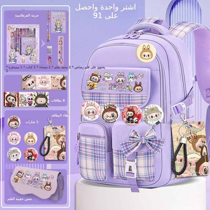 labubu school bag in purple with multiple pockets, cute character badges, and matching school supplies set including pens, notebook, eraser, ruler, cards, and pencil case.