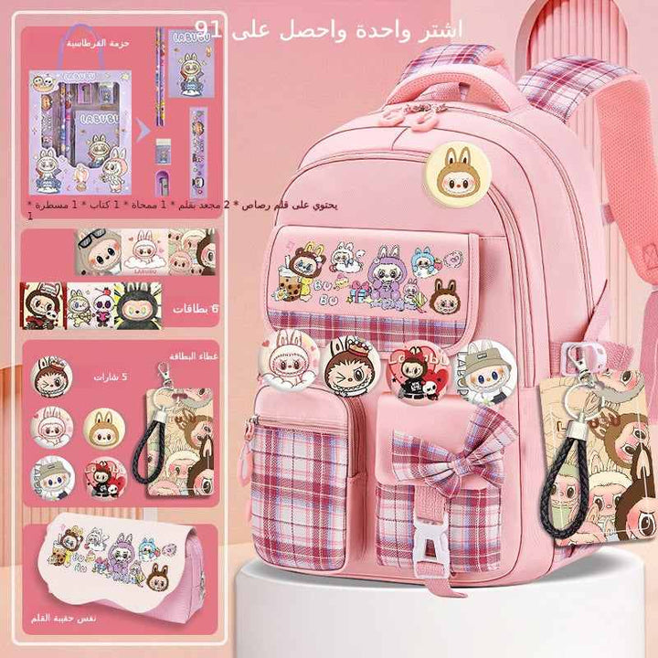 Pink Labubu school bag with cute character patches, plaid accents, multiple pockets, and included 91-piece school supplies set.