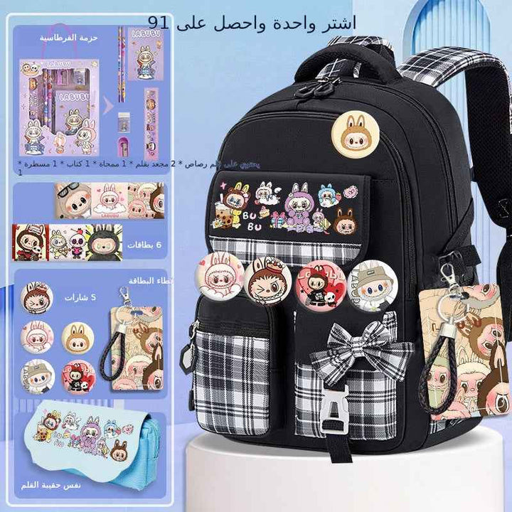 Black labubu school bag with plaid pockets and cute character accessories, including pens, notebook, eraser, ruler, badges, and card cover, ideal for school and travel.