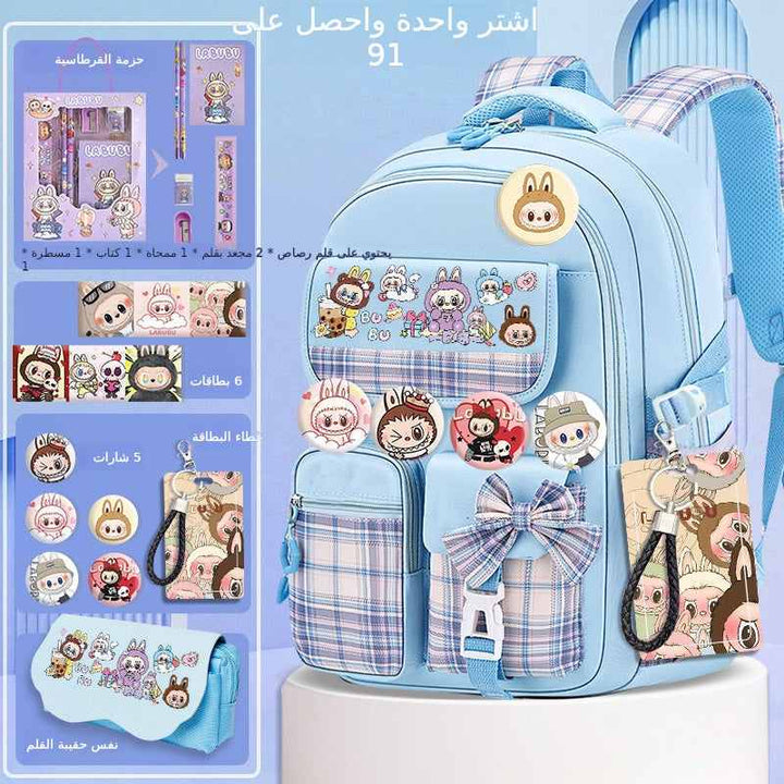Blue labubu school bag with cute character accessories and multiple pockets for kids back to school set