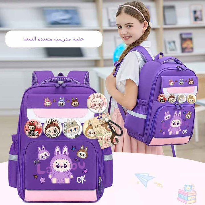 Purple Labubu school bag with cartoon design, spacious compartments, adjustable padded straps, and water-resistant Oxford fabric for kids.