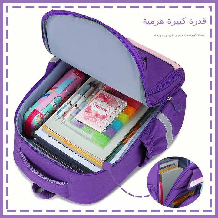Purple Labubu school bag with spacious main compartment filled with school supplies including notebooks, pens, and markers, designed with ergonomic support and durable water-resistant fabric.