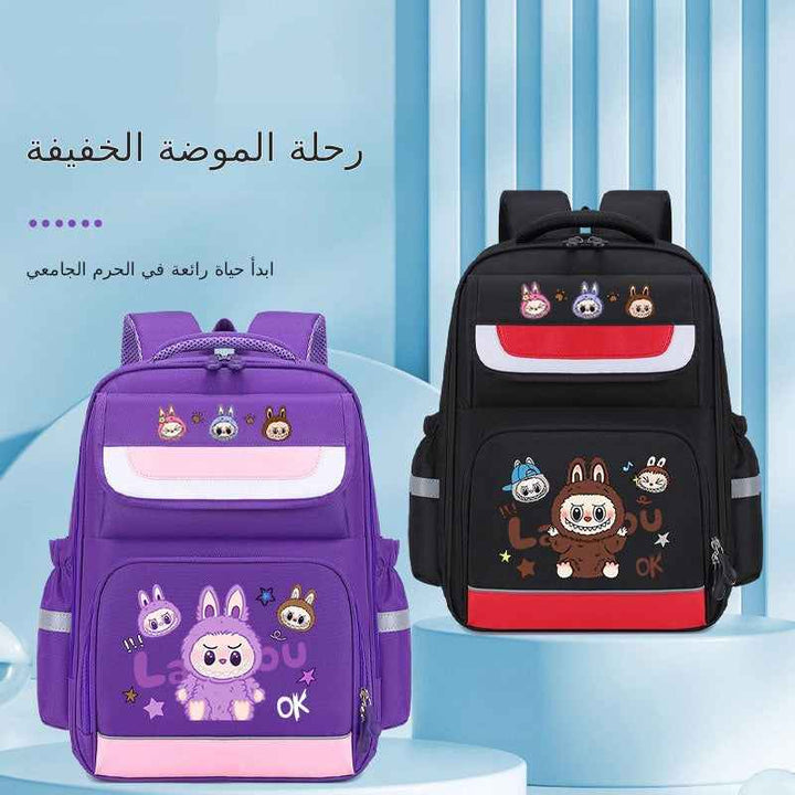 Labubu school bag with cartoon designs, ergonomic back support, breathable padding, adjustable straps, waterproof Oxford fabric, includes 91 school supplies, available in purple and black for grades 1-6.