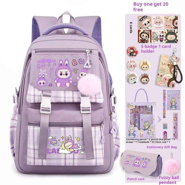 Purple LABUBU cute cartoon backpack with large capacity, fuzzy ball accessory, and free 20-piece school supplies gift set including pencils, badges, card holder, and pencil case.