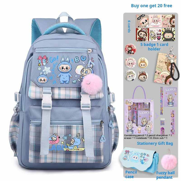 Blue LABUBU backpack with cute cartoon design, large capacity, multiple compartments, fluffy ball accessory, and 20-piece free stationery gift set including pencils, notebook, eraser, badges, cards, and pencil case.